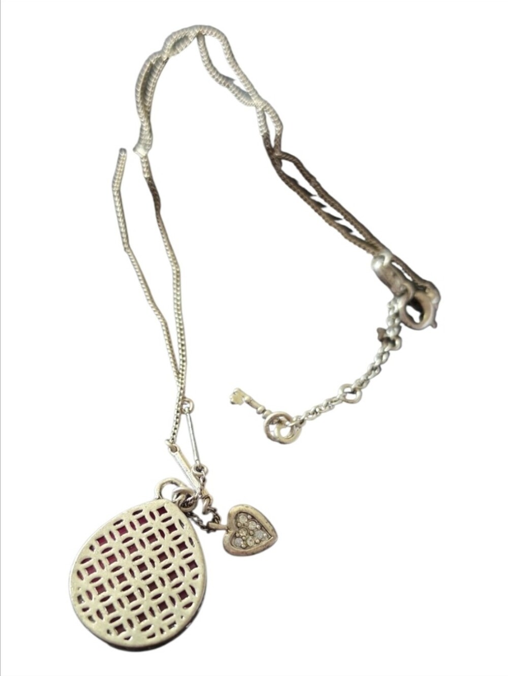 Fossil Womens Silver Tone Deep Pink Teardrop Heart Pendant Necklace Key 18"+2"L. - Picture 3 of 6